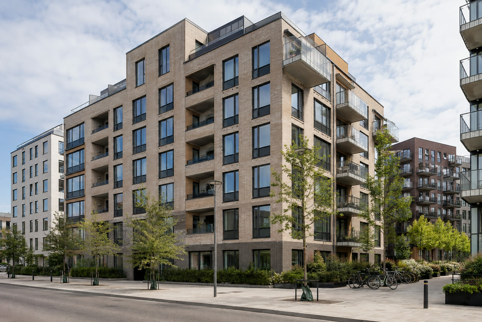 Modern flerbostadsfastighet i svensk stadsmiljö